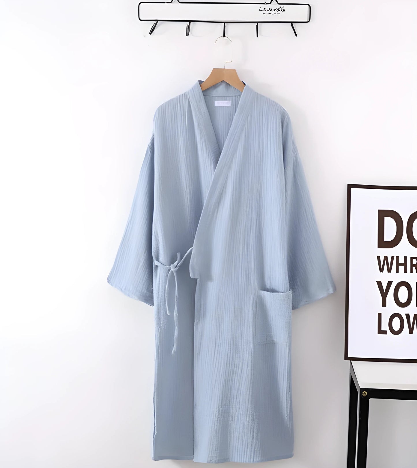 Robe kimono en coton crêpe style japonais pour femme - Bleu ciel