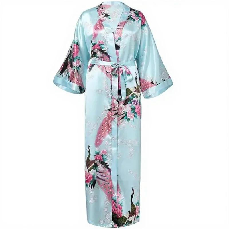 Robe kimono longue en satin pour femme avec poches - Motif paon bleu clair