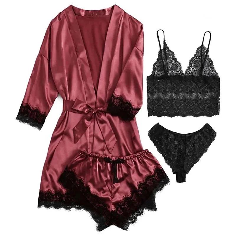 4 Pieces Woman Sleepwear Pajamas Ser With Robe Sexy Lace Lingerie Bathrobe Silk Satin Home Clothed Nightwear Robe - Rouge