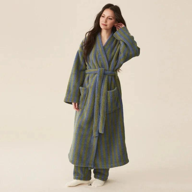 Women's Coral Velvet Striped Robe Set (Blue/Green)