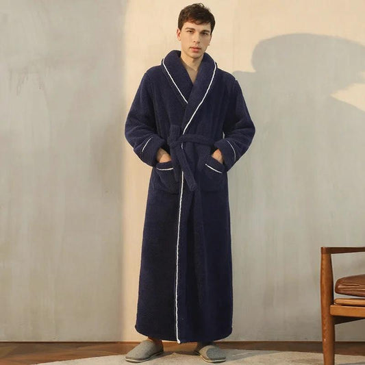 Men's Navy Blue Plush Long Fleece Bathrobe