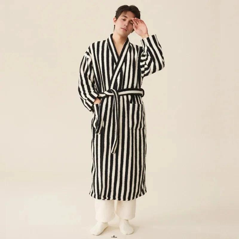 Men's Coral Velvet Striped Robe Set (Black/White)