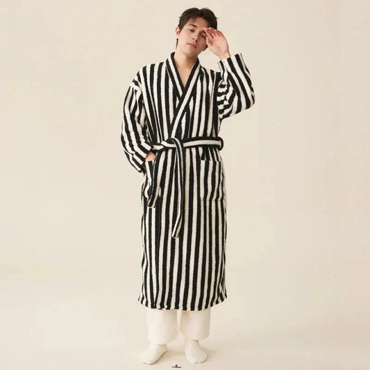 Men's Coral Velvet Striped Robe Set (Black/White)