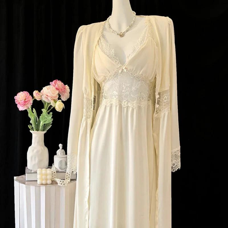 Nightgown Dress with Robe - Beige Long B