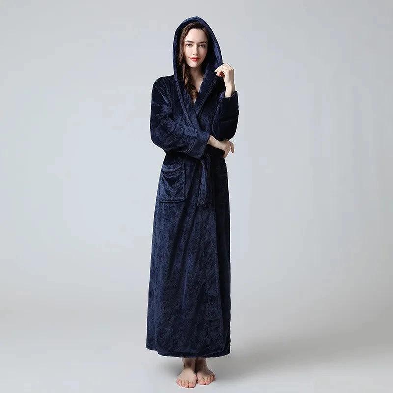 Extra Long Winter Coral Fleece Bathrobe Navy Blue