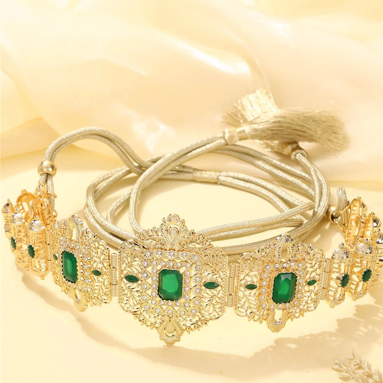 Saudi Arabian ladies robe belt inlaid with rhinestones adjustable size royal vintage style bridal wedding belt ladies gif - GREEN