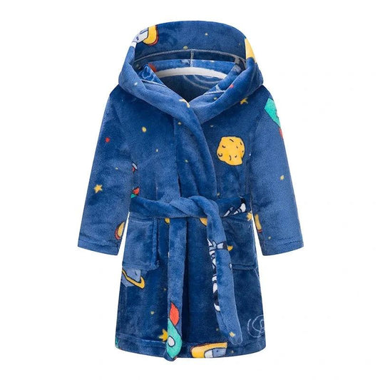Robe de chambre à capuche douce en flanelle d'automne/hiver pour enfants, motif espace et fusées (Style 1)