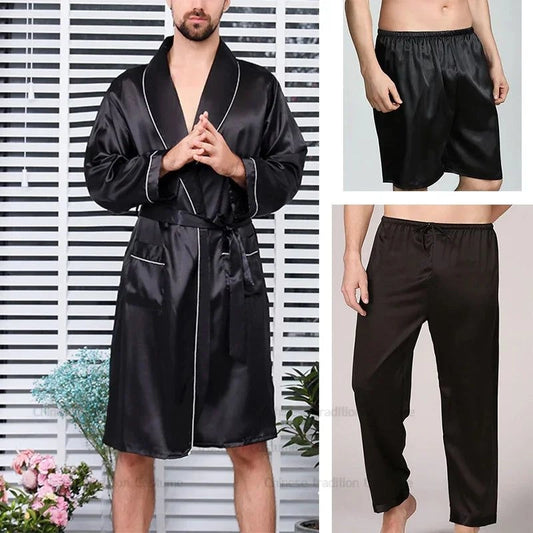 Ensemble Peignoir Pantalon Short Homme Noir Satiné - Noir Satiné - XXXL