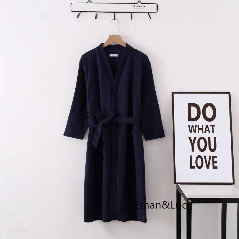 Peignoir Coton Gaufré Femme Bleu Marine - Bleu Marine - M