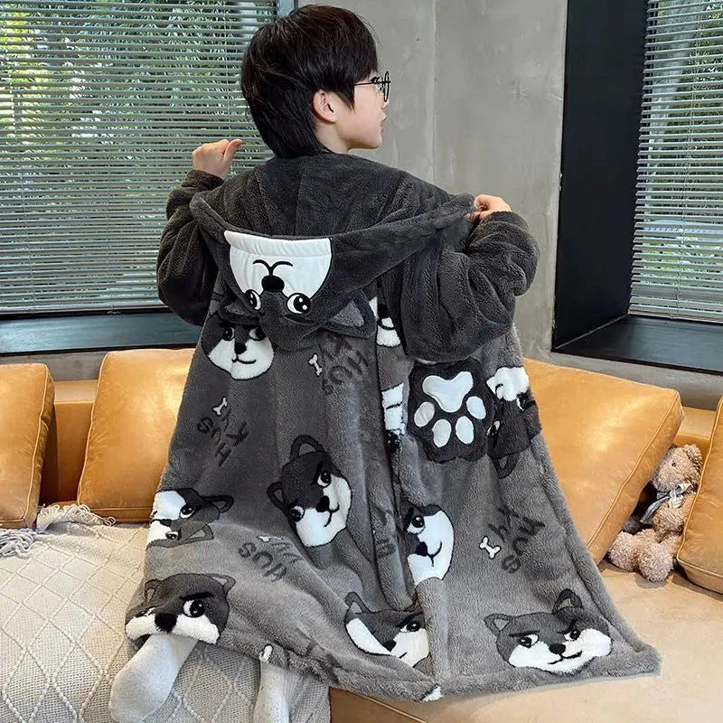 Peignoir Enfant à Capuche Gris Animé - Manches Longues - Gris Animé - Taille 16 (135-145cm)