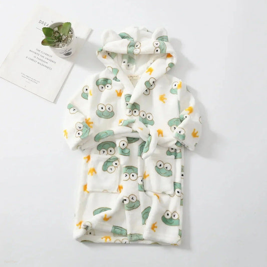 Peignoir Enfant Blanc Poudré à Capuche Motifs Grenouilles - Blanc Poudré - 9-10 ans(150cm)