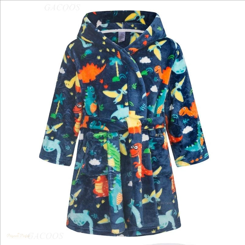Peignoir enfant bleu dinosaure flanelle à capuche - Bleu Dinosaure - 140 (7-8 ans)