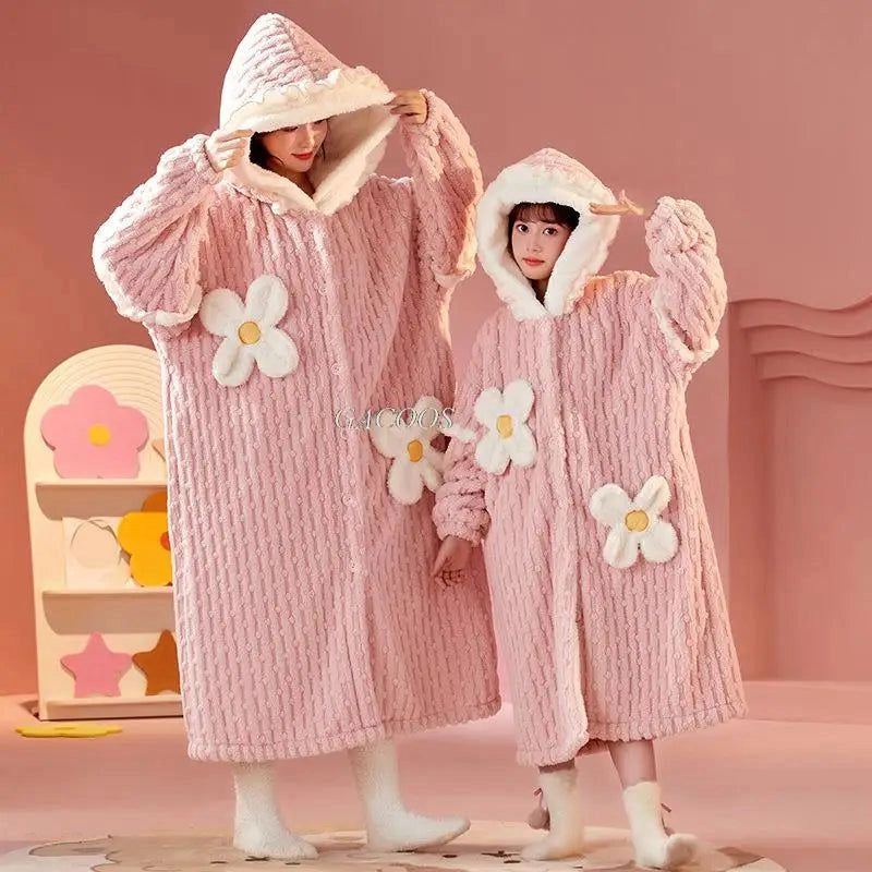Peignoir Enfant Capuche Rose Doux Polaire Chaud - Rose Doux - XL (165-175cm)