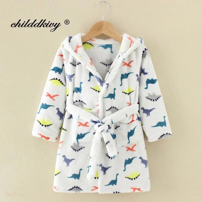 Peignoir Enfant Flanelle Blanc Dinosaure Capuche - Blanc Dinosaure - 7-8 ans