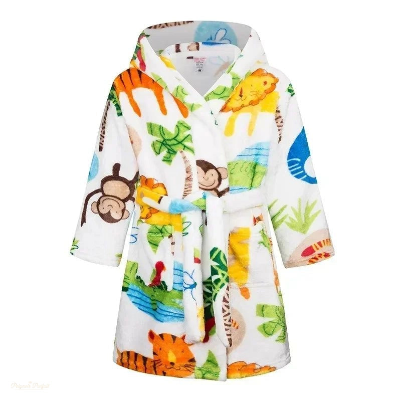 Peignoir Enfant Flanelle Blanc Motif Jungle - Blanc Motif Jungle - 90 (2-3 ans)