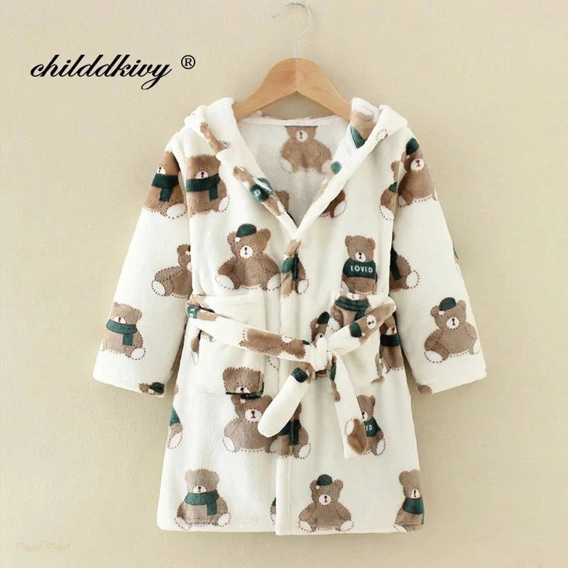 Peignoir enfant flanelle blanc motif ours avec capuche - Blanc Motif Ours - 7-8 ans