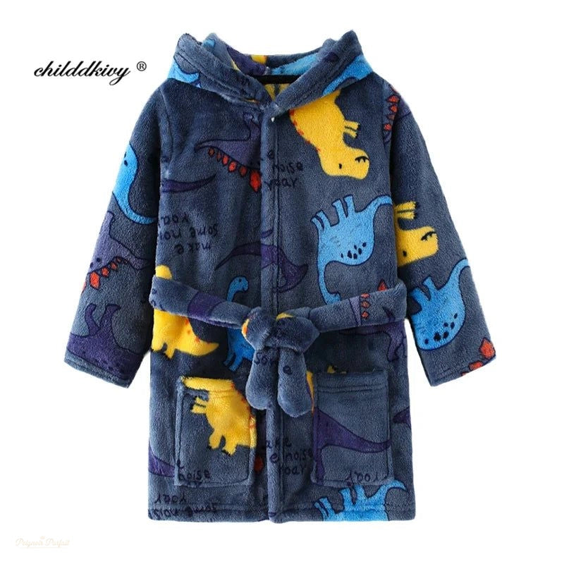 Peignoir Enfant Flanelle Bleu Dinosaure à Capuche - Bleu Dinosaure - 7-8 ans