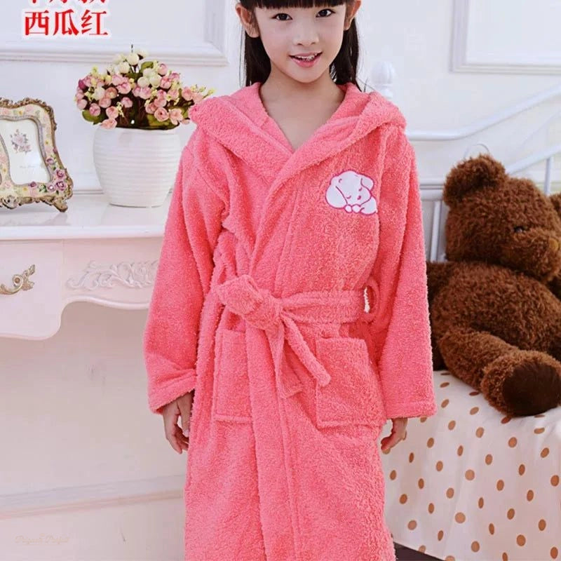 Peignoir Enfant Rose Corail Coton Épais Chaud - Rose Corail - L