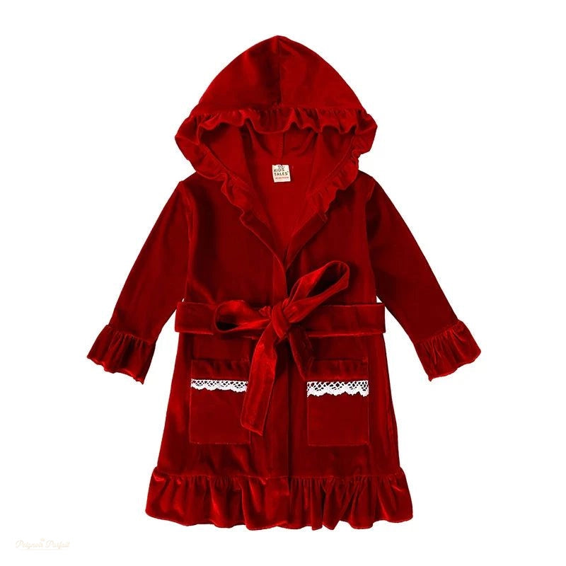 Peignoir Enfant Rouge Velours Volants Capuche - Rouge Velours - 140cm (8-9 ans)
