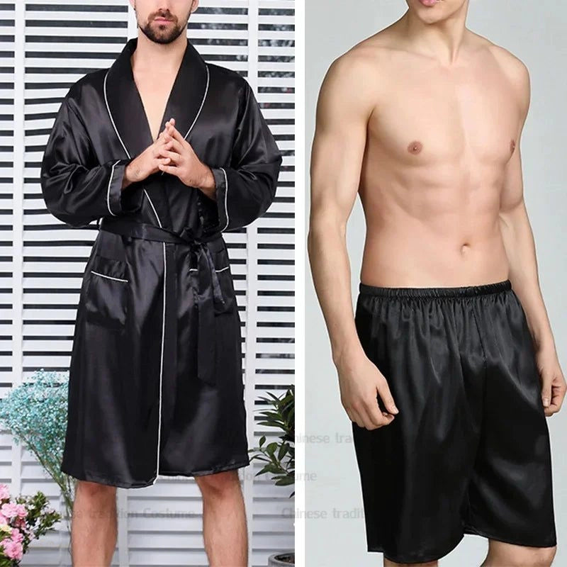 Peignoir et short satin noir brillant homme - Noir Brillant - XXXL