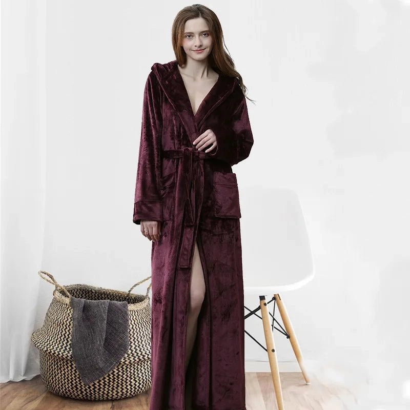 Peignoir Extra Long Bordeaux Velours Flanelle Femme - Bordeaux Velours - L