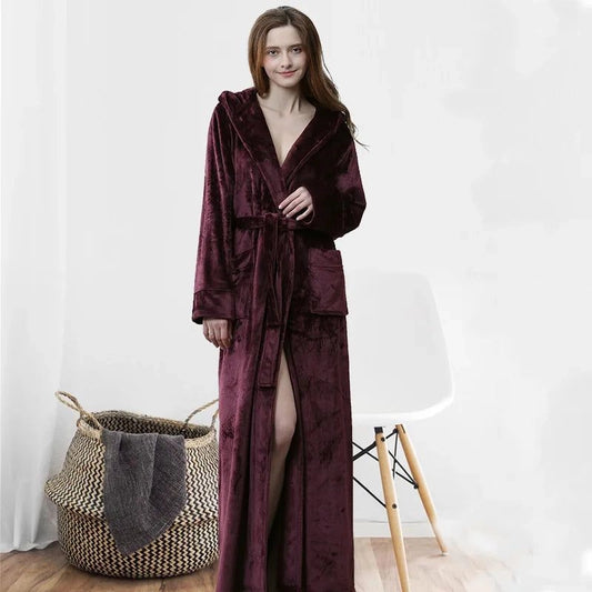 Peignoir Extra Long Bordeaux Velours Flanelle Femme - Bordeaux Velours - L