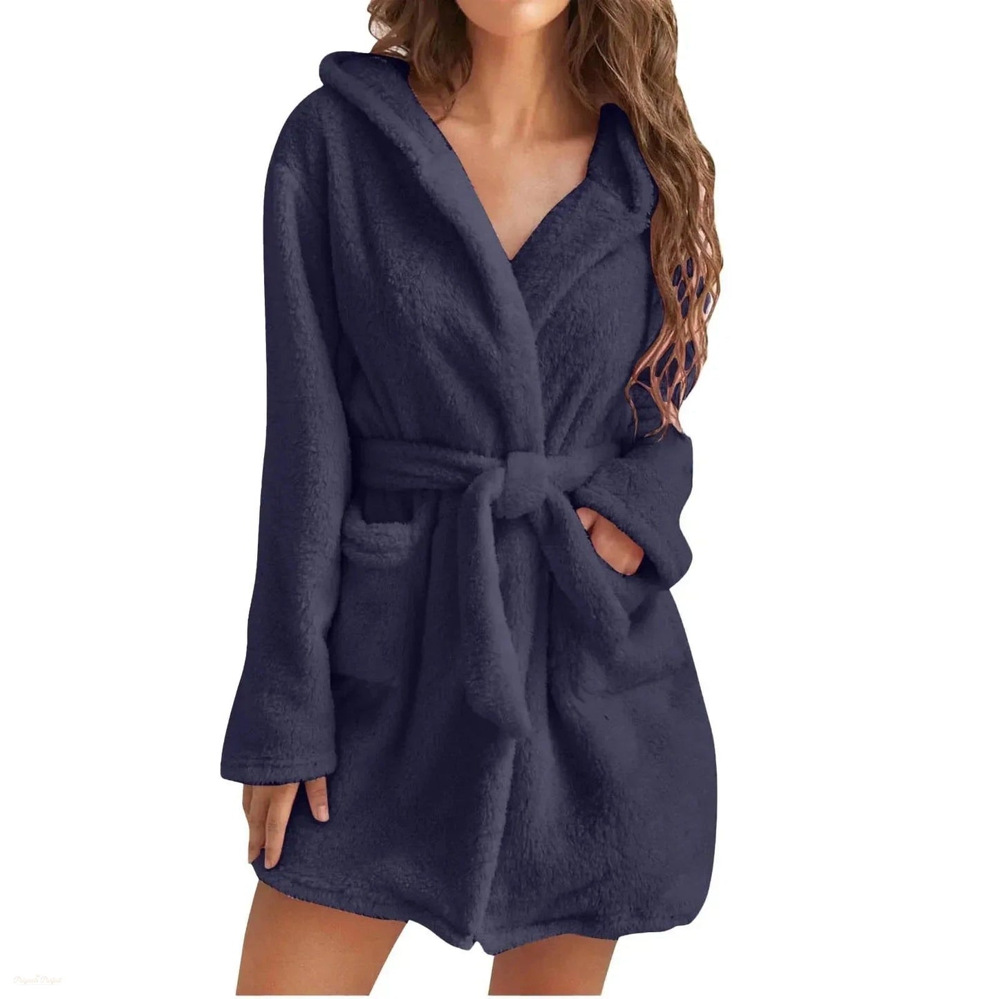 Peignoir Femme Bleu Marine Polaire Capuche - Bleu Marine - XL