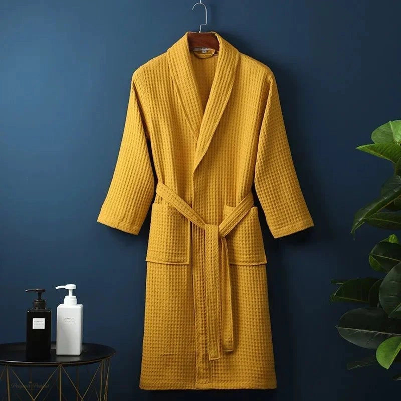 Peignoir Femme Gaufré Jaune Moutarde Manches Longues - Jaune Moutarde - XL