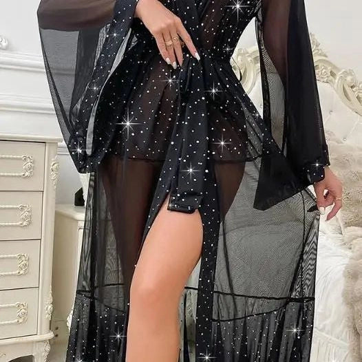 Peignoir Femme Noir Pailleté Mesh Élégant - Noir Pailleté - S