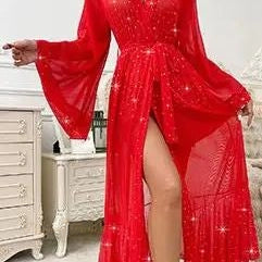 Peignoir Femme Rouge Éclatant Volanté Scintillant - Rouge Éclatant - M