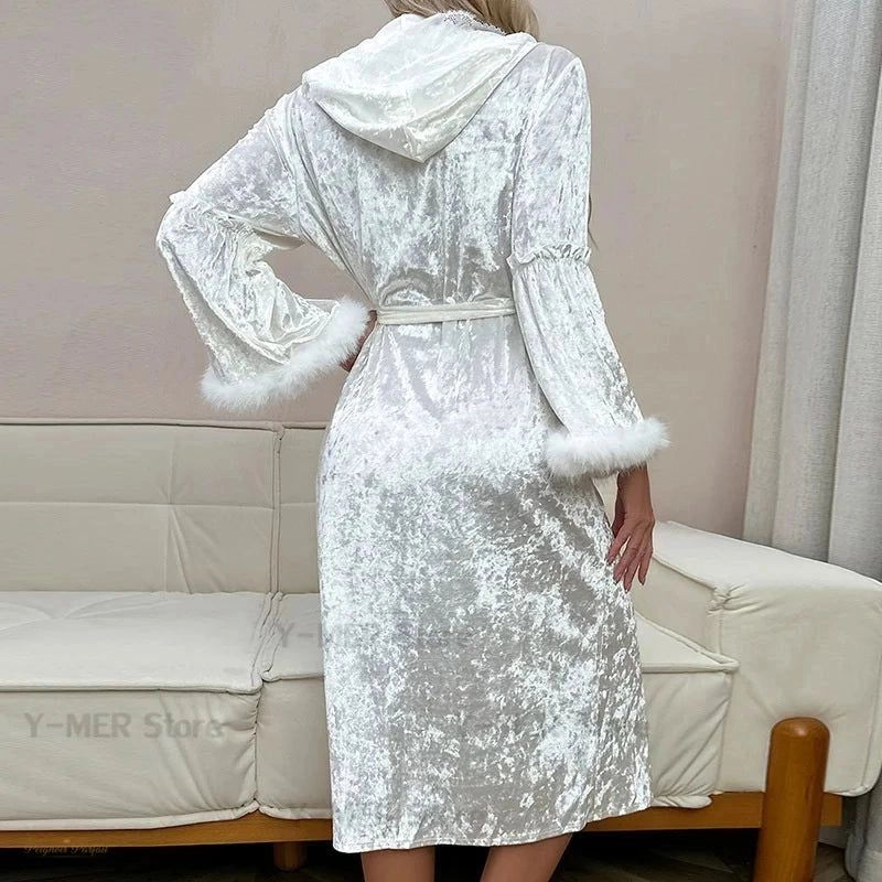 Peignoir Femme Velours Blanc Pur Capuche Luxe - 1
