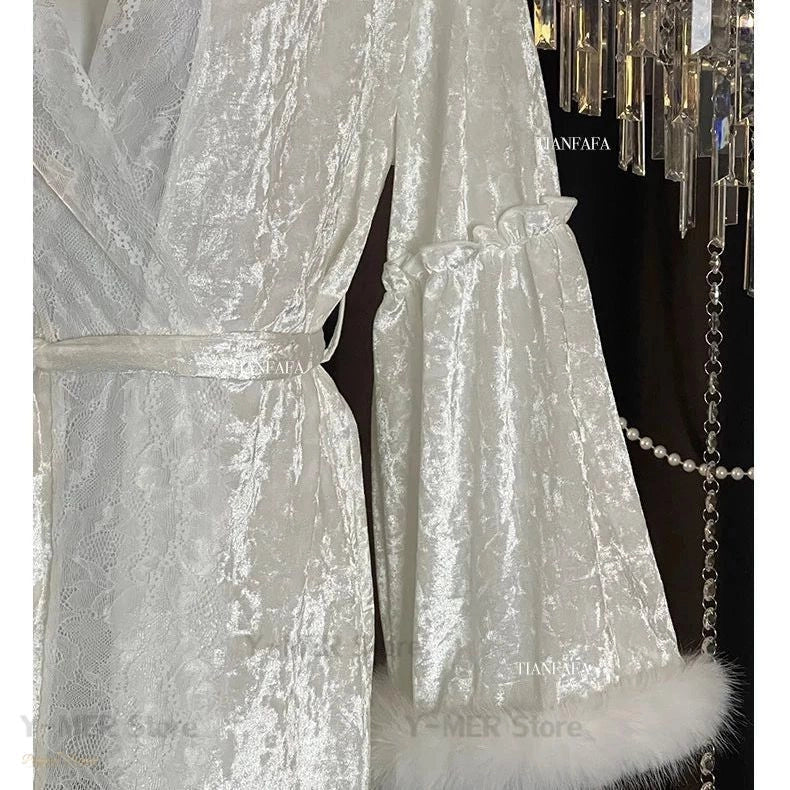 Peignoir Femme Velours Blanc Pur Capuche Luxe - 5