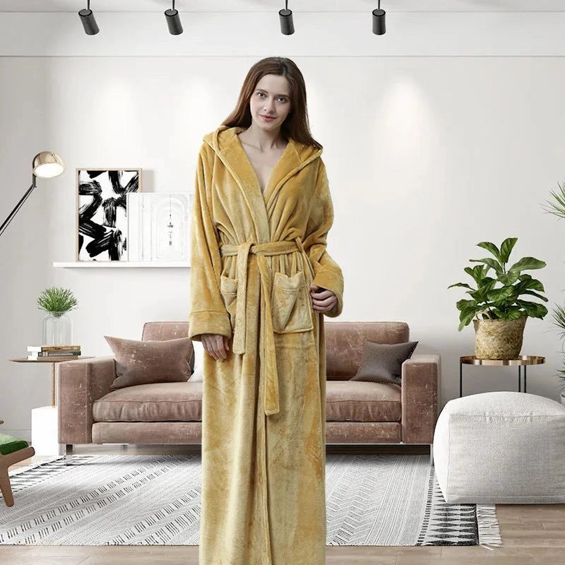 Peignoir Flanelle Extra Long Femme Jaune Moutarde - Jaune Moutarde - XL