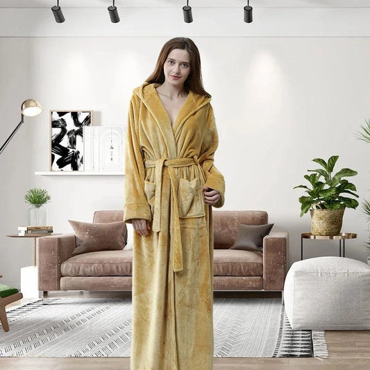 Peignoir Flanelle Extra Long Femme Jaune Moutarde - Jaune Moutarde - XL