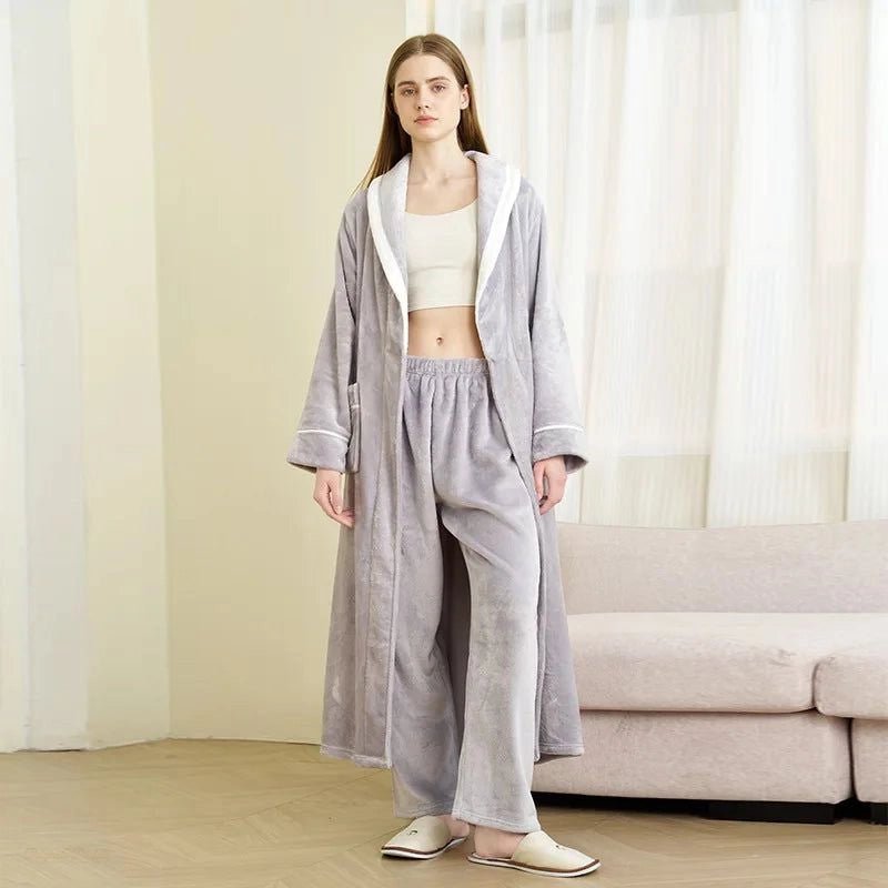 Peignoir Flanelle Gris Perle Femme - Ensemble Chaud - Gris Perle - XXXL