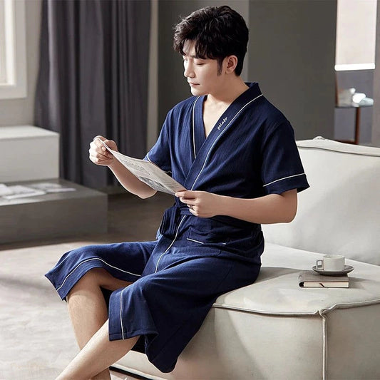 Peignoir Homme Bleu Marine Coton Kimono Manches Courtes - Bleu Marine - XXXL