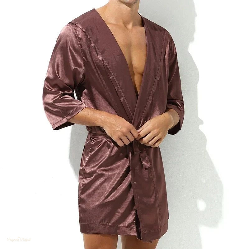 Peignoir Homme Brun Satiné Manches Courtes - Brun Satiné - L