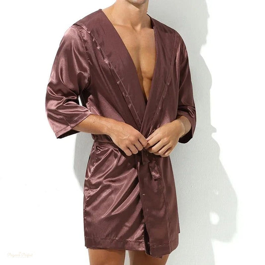 Peignoir Homme Brun Satiné Manches Courtes - Brun Satiné - L