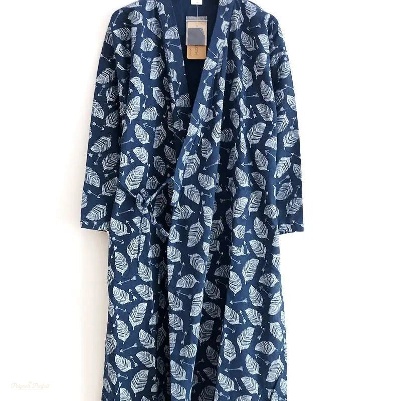 Peignoir Homme Coton Gaze Bleu Nuit Motif - Bleu Nuit Motif - M