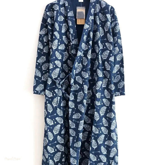 Peignoir Homme Coton Gaze Bleu Nuit Motif - Bleu Nuit Motif - M