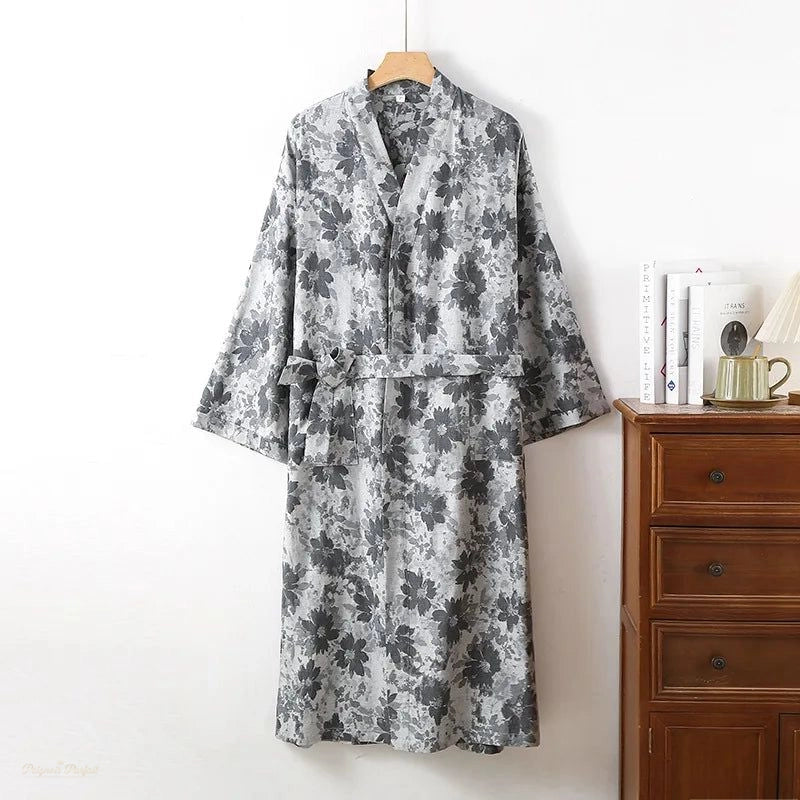 Peignoir Homme Kimono Coton Gris Fleuri - Gris Fleuri - Onesize