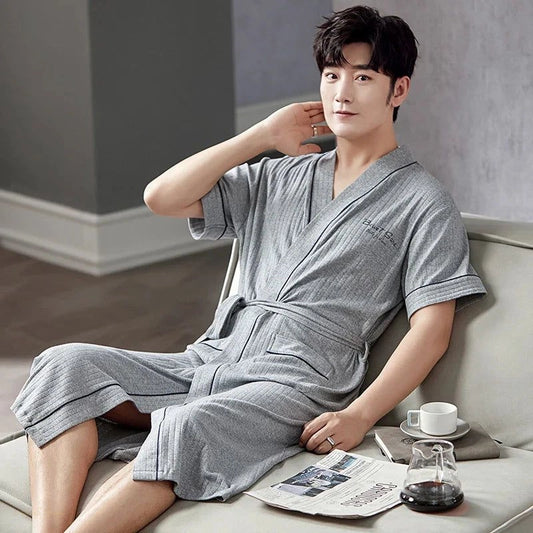 Peignoir homme lin coton gris chiné manches courtes - Gris Chiné - XXXL