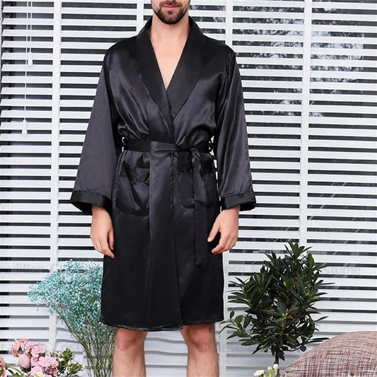 Peignoir Homme Noir Satiné Kimono Grandes Tailles - Noir Satiné - XXXL