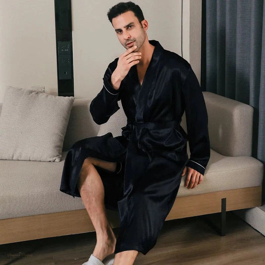 Peignoir homme noir satiné - Soie glacée confortable - Noir Satiné - XL - Chine