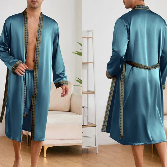 Peignoir Homme Satin Bleu Glacé - Ensemble 2 Pièces - Bleu Glacé - L