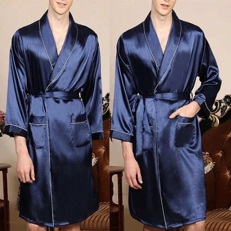 Peignoir Homme Satin Bleu Marine Satiné avec Poches - Bleu Marine Satiné - XXXL