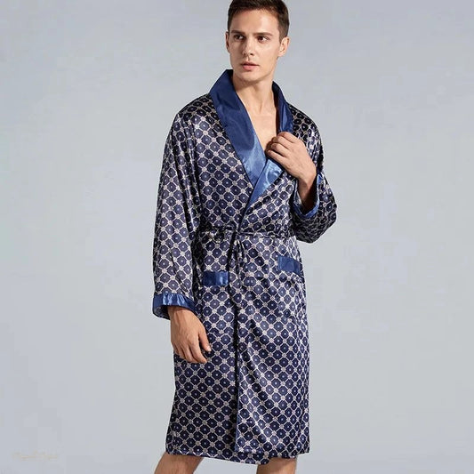 Peignoir Homme Satin Bleu Nuit À Carreaux - Bleu Nuit À - XL