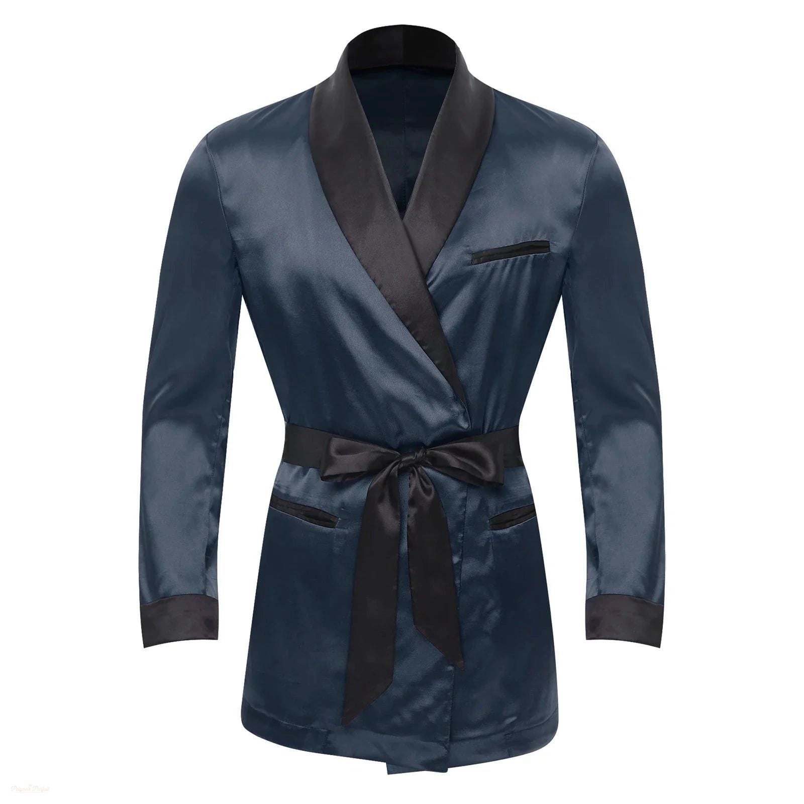 Peignoir Homme Satin Bleu Nuit avec Ceinture - Bleu Nuit Satiné - XXXXL