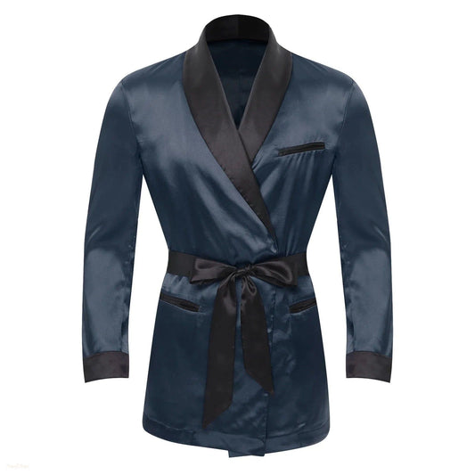 Peignoir Homme Satin Bleu Nuit avec Ceinture - Bleu Nuit Satiné - XXXXL