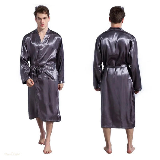Peignoir Homme Satin Gris - Kimono Confortable - Gris Satiné - XXL(87.5-95kg)